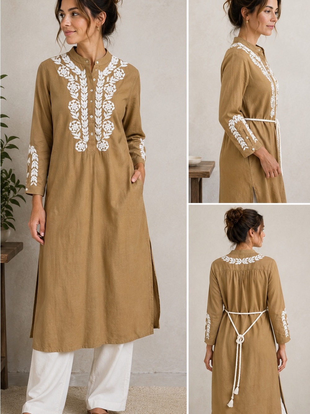 Ex Voto Embroidered Cotton Tunic Dress Camel Brown White Floral Boho Size S